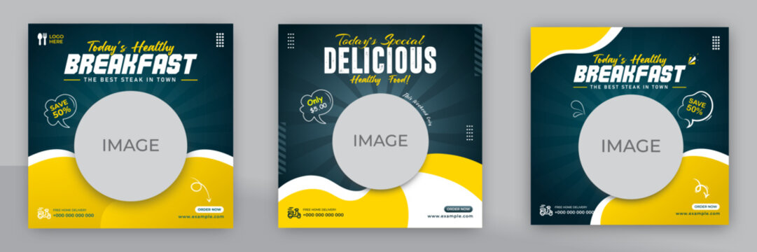 Fast food restaurant business marketing social media post or web banner template design with abstract background, logo and icon. Fresh pizza, burger and pasta online sale promotion flyer or poster.
