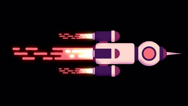 Spaceship flying with a trail of exhausted flames. Cartoon Space rocketship - looped animation with alpha channel.