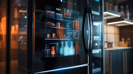 A smart refrigerator with built-in cameras for monitoring food inventory and expiration dates - obrazy, fototapety, plakaty
