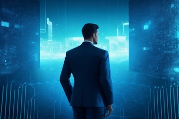 A businessman stands in front of a blue digital landscape, A future e-business's dream, technology wallpaper AI-GENERATED, CODE 
