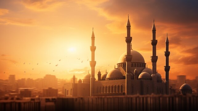 a serene depiction of the Sultan Hassan Mosque-Madrasa's minarets against the colorful canvas of the setting sun