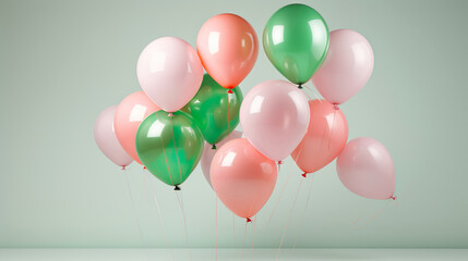 Set of green and pink balloons fly in the space. Background for birthday, party or wedding