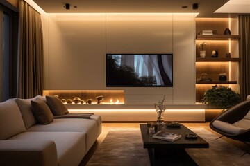A contemporary living room with a sofa and a large TV on the wall, enhanced by ambient lighting from LED strips. Generative AI