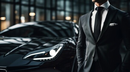 Elegant Driver in Suit Next to a Luxury Car: Close-up View. Generative ai - obrazy, fototapety, plakaty