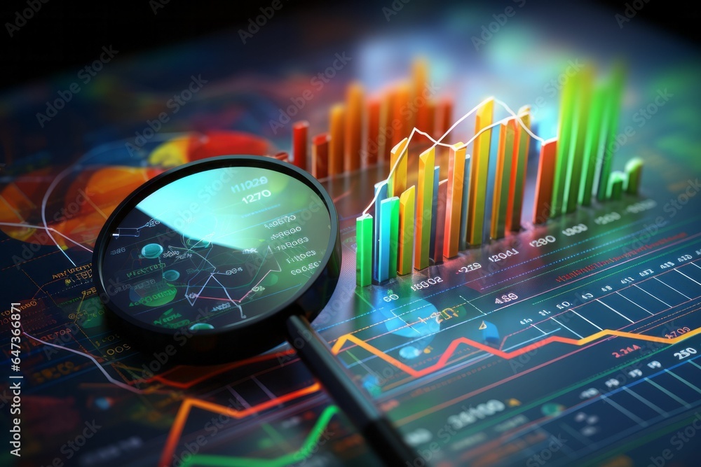 Wall mural data analysis - magnifier glass, charts and graphs. ai generated