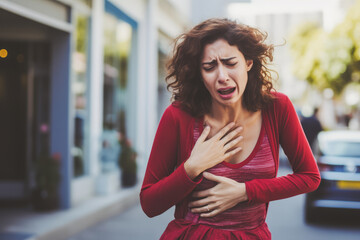A woman clutching her chest and looking distressed