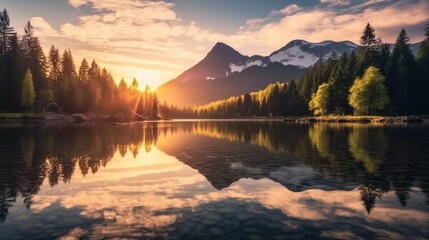 Fototapeta premium Beautiful spring sunrise on a mountain lake