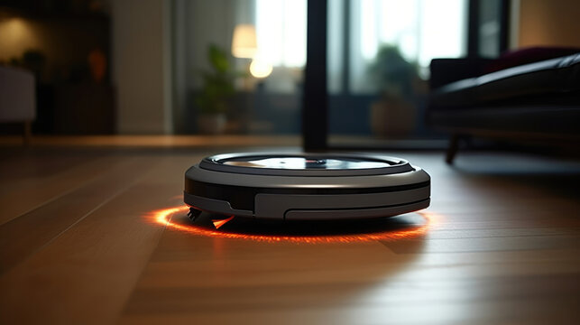 A robotic vacuum cleaner autonomously navigating and cleaning a home