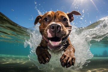 Photo of a playful light brown American Pit Bull Terrier enjoying a refreshing swim in the water created with Generative AI technology - obrazy, fototapety, plakaty