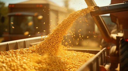 Harvester Unloading Fresh Corn Maize Seeds into Trailer. Generative ai - obrazy, fototapety, plakaty