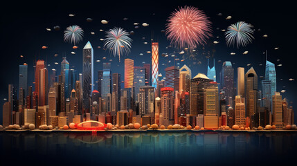 New year time with Building in the city wallpaper in paper art and craft design concept and animation with firework. Created using generative AI.