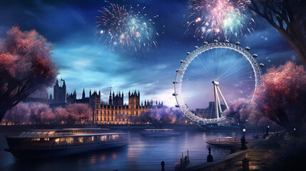 Abstract background London eye in New year and firework theme on winter in paper art and craft design concept. Created using generative AI. - obrazy, fototapety, plakaty