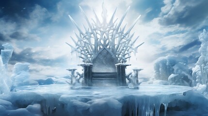 Majestic Ice Throne Amidst Large Snowflakes. Generative ai