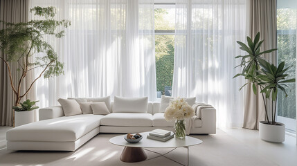 Białe wnętrze salonu pokoju z sofą firanami i kwiatami 