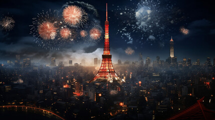 Tokyo tower in New year theme background with firework in paper art and craft design concept. Created using generative AI.