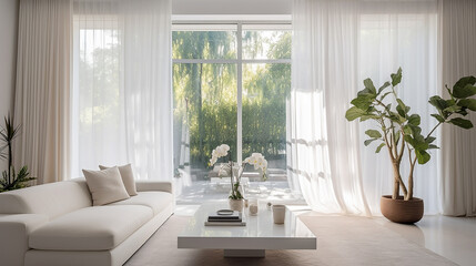 Białe wnętrze salonu pokoju z sofą firanami i kwiatami  - obrazy, fototapety, plakaty