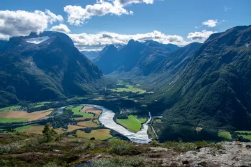 Foto auf Glas Åndalsnes, view on Romsdal mountains and the emerald green Rauma river from Nesaksla mountain, upper station of the Romsdalen Gondola.  © A. Ciangherotti