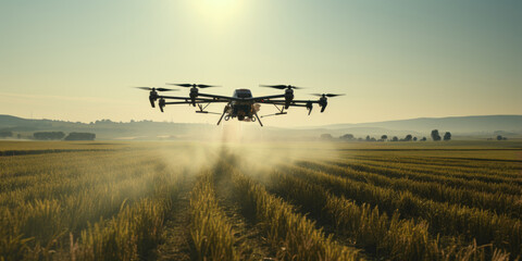 Drone flies and sprays fertilizer and pesticides over wheat fields. - obrazy, fototapety, plakaty