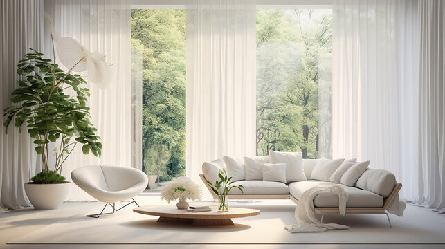 Białe wnętrze salonu pokoju z sofą firanami i kwiatami 