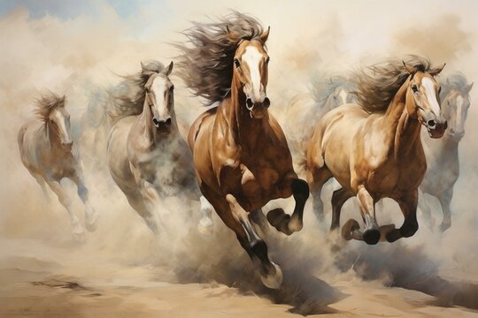 A wall painting depicting a group of horses running together. Generative AI © Quinlan