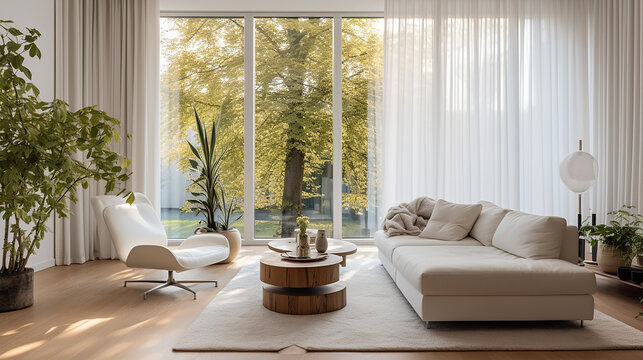 Białe wnętrze salonu pokoju z sofą firanami i kwiatami 