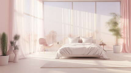 Jasne  wnętrze pokoju sypialnie z łóżkiem i różowymi firanami i 