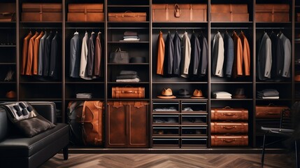 Elegant Interior of a Luxury Male Wardrobe Showcasing Expensive Attire. Generative ai