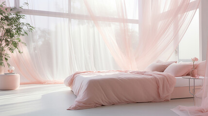 Jasne wnętrze pokoju sypialnia z łóżkiem i różowymi firanami 