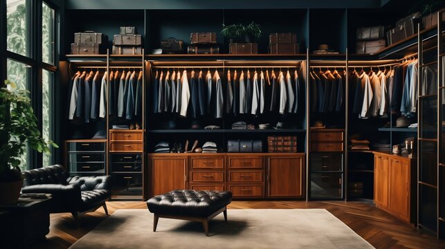 Elegant Interior of a Luxury Male Wardrobe Showcasing Expensive Attire. Generative ai