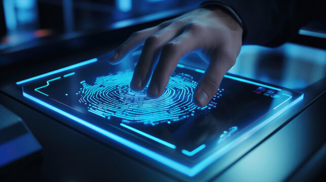 A biometric security system scanning a persons unique fingerprint for authentication