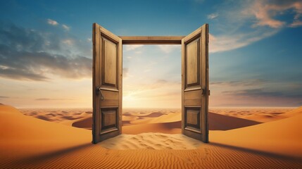 Mysterious Opened Door Standing Alone in the Desert. Generative ai - obrazy, fototapety, plakaty