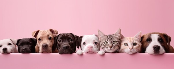 Fototapety  Dogs and Cats, peeking over the clear solid blue top line, petshop banner, happy, smile, funny. Generative AI image weber.