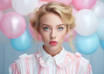 Obraz premium A beautiful young woman with pastel blonde hair, pink lips, and a fashionable dress is the embodiment of a dreamy, indoor makeover party, surrounded by balloons, bubbles, and eyelashes
