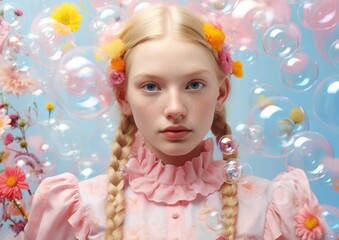 Obraz na płótnie Canvas A beautiful young girl wearing a pastel dress, adorned with flowers in her hair, smiles dreamily while surrounded by bubbles at a joyous celebration