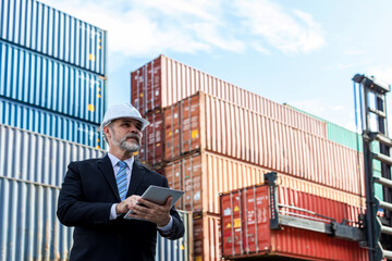 Foreman or worker work at Container cargo site check up goods in container. Foreman or worker...