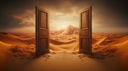 Mysterious Opened Door Standing Alone in the Desert. Generative ai - obrazy, fototapety, plakaty
