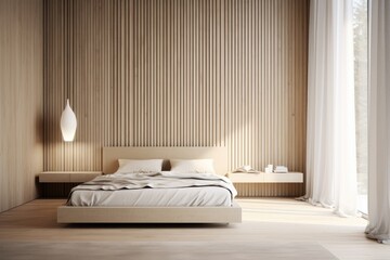 Japandi interior design concept. Double bed, parquet. Japanese minimalist interior.