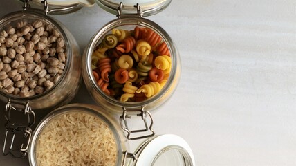 pasta de colores,arroz y legumbres en tarro de cristal sobre fondo gris