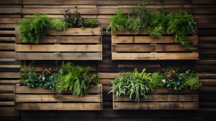 Eco-friendly Vertical Garden Using Recycled Pallets and Hanging Plants. Generative ai - obrazy, fototapety, plakaty