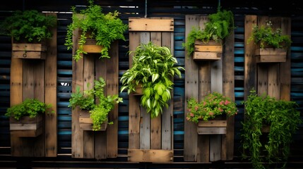 Fototapeta na wymiar Eco-friendly Vertical Garden Using Recycled Pallets and Hanging Plants. Generative ai