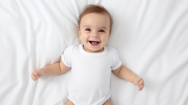 Joyful Baby in White Bodysuit Relaxing on a White Bed. Generative ai