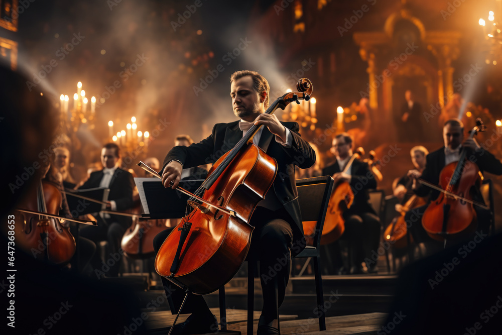 Poster a classical symphony orchestra performing a timeless composition. generative ai.