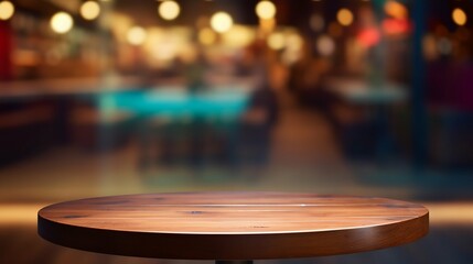 Wooden Round Table Against a Blurred Bar Backdrop. Generative ai