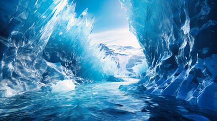 Glacial blue ice caves illuminated by daylight