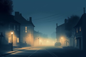 Night street scene with foggy village backdrop and peaceful town atmosphere. Generative AI
