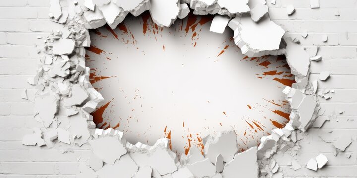 Breaking out of a hole in solid White wall, torn hole, empty copy space frame, mockup. Generative AI image weber.