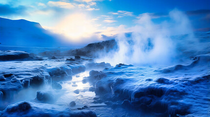 Winter mist rising from a geothermal vent,