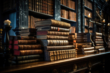 A library archive with shelves filled with rare editions of classical works. Generative Ai.