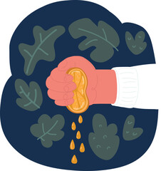 Cartoon vector illustration of hand holding orange queezing juice, preparing breakfast