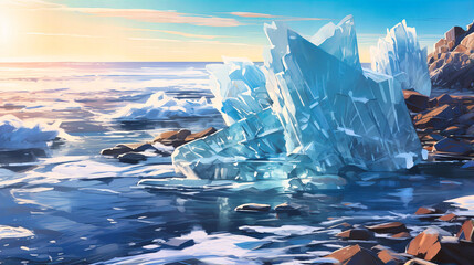 Ice shards on the shores of a tranquil bay - obrazy, fototapety, plakaty